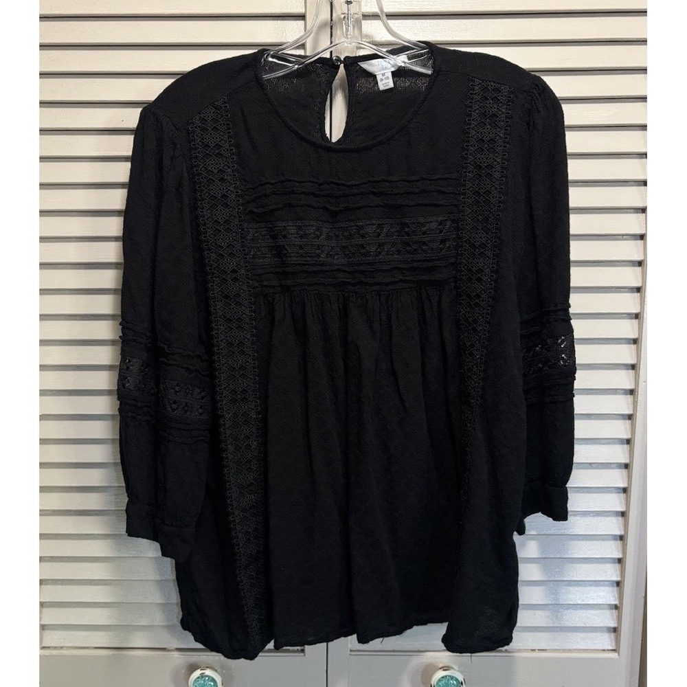 Time And Tru Black Crochet 3/4 Sleeve Keyhole/Round Neck Blouse Size M